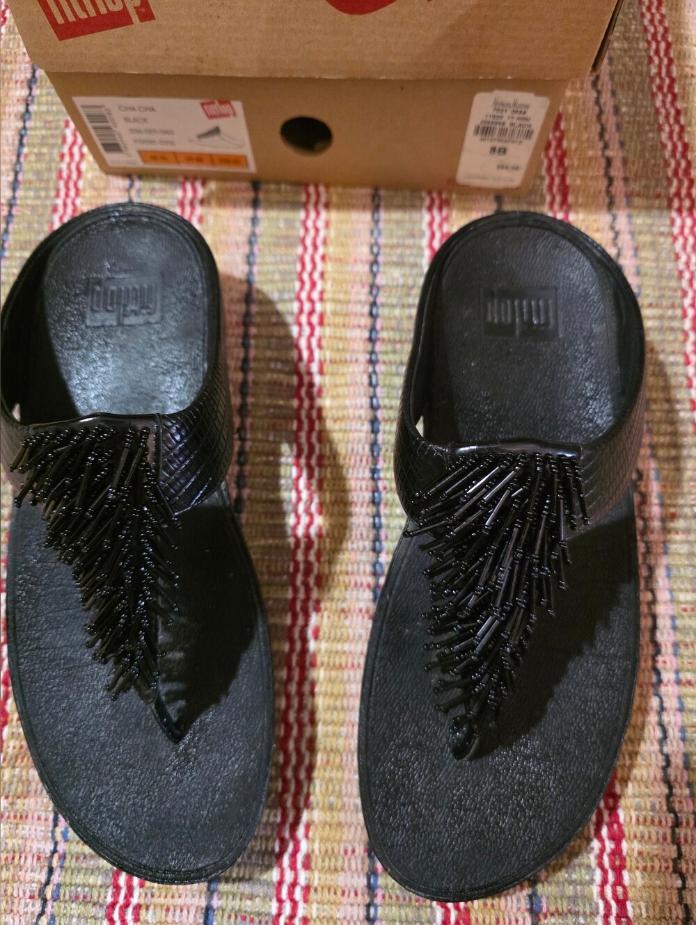 Fitflop Black Cha Cha Beaded Fringe Thong Sandals